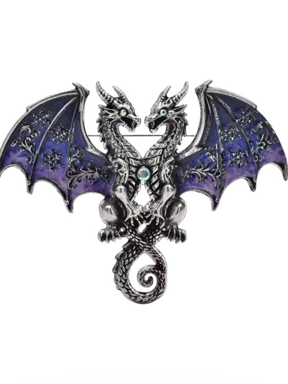 Double Dragon Brooch with Purple Enamel Wings
